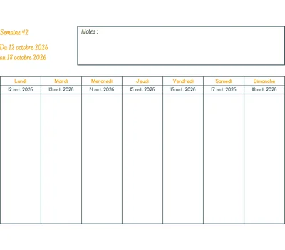 Calendrier semaine 42 - année 2026 Calendrier semaine 42 à imprimer - année 2026