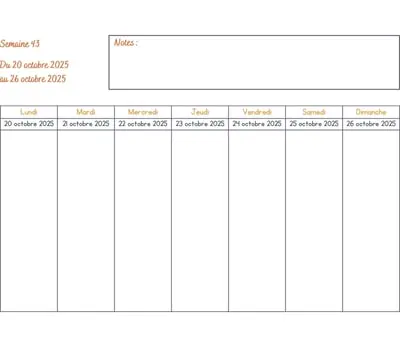 Calendrier semaine 43 - année 2025 Calendrier semaine 43 à imprimer - année 2025