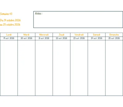 Calendrier semaine 43 - année 2026 Calendrier semaine 43 à imprimer - année 2026