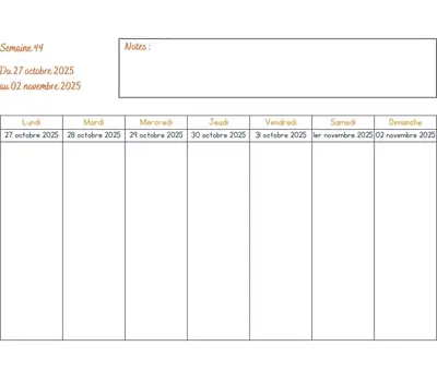 Calendrier semaine 44 - année 2025 Calendrier semaine 44 à imprimer - année 2025