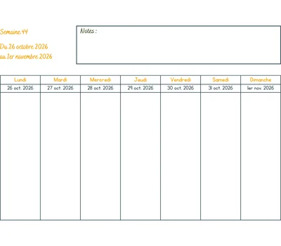 Calendrier semaine 44 - année 2026 Calendrier semaine 44 à imprimer - année 2026
