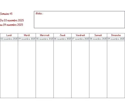 Calendrier semaine 45 - année 2025 Calendrier semaine 45 à imprimer - année 2025