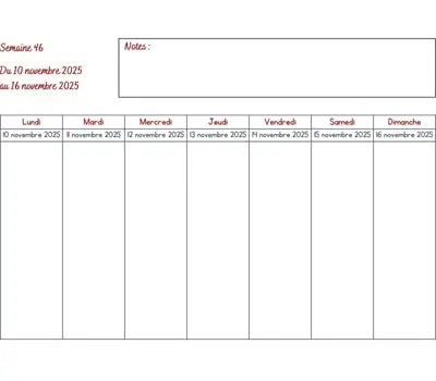 Calendrier semaine 46 - année 2025 Calendrier semaine 46 à imprimer - année 2025