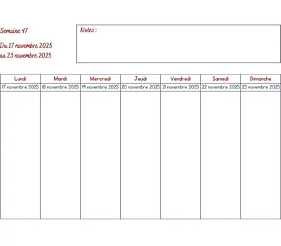 Calendrier semaine 47 - année 2025 Calendrier semaine 47 à imprimer - année 2025