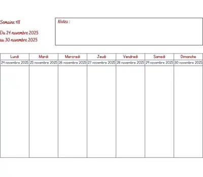 Calendrier semaine 48 - année 2025 Calendrier semaine 48 à imprimer - année 2025