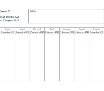 Calendrier semaine 51 - année 2025 Calendrier semaine 51 à imprimer - année 2025