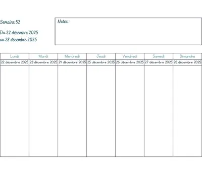 Calendrier semaine 52 - année 2025 Calendrier semaine 52 à imprimer - année 2025