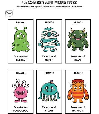 Chasse aux monstres rigolos - Cartes des monstres à chercher - Activité enfants