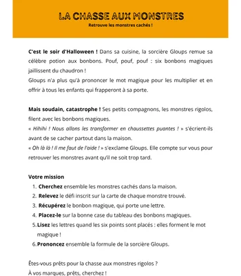 Chasse au monstres rigolos - Histoire Halloween cherche et trouve avec défis pour les enfants