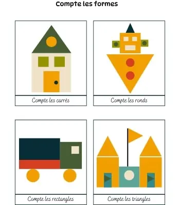 Fiche à imprimer - Compte les formes 01 Apprendre les formes - Compter les carrés, ronds, rectangles et triangles