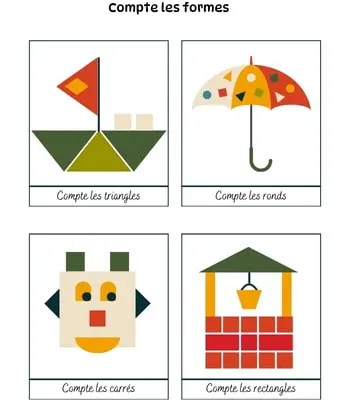 Fiche à imprimer - Compte les formes 02 Apprendre les formes - Compter les triangles, ronds, carrés et rectangles