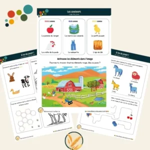 Fiche pour apprendre les couleurs rouge, bleu, jaune - Thème de la ferme