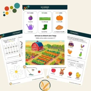 Fiche pour apprendre les couleurs violet, vert, orange - Thème de la ferme