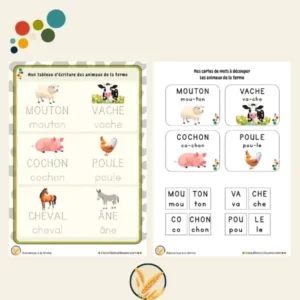 Tableau d'écriture et cartes de la ferme - Thème des animaux de la ferme