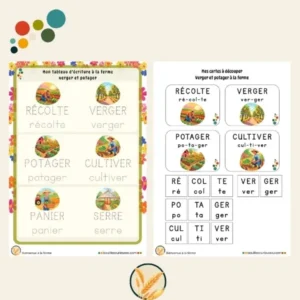 Tableau d'écriture et cartes de la ferme - Thème le verger et le potager