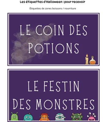 Étiquettes de zones pour organiser le buffet d'halloween - les boissons et la nourriture