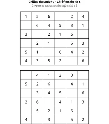 Grille de sudoku facile chiffres de 1 à 6