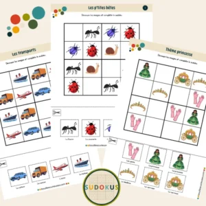 Sudokus pour enfants - Initiation - Images à découper thèmes petites bêtes, transports, princesse