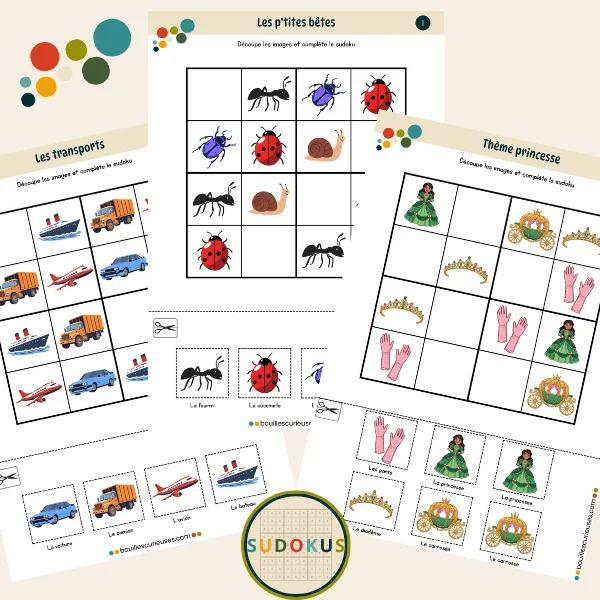 Sudokus pour enfants - Initiation - Images à découper thèmes petites bêtes, transports, princesse