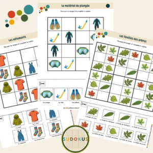 Sudokus pour enfants - Initiation - Images à découper thèmes matériel de plongée, vêtements, feuilles des arbres