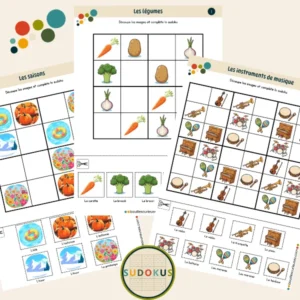 Sudokus pour enfants - Initiation - Images à découper thèmes légumes, saisons, instruments de musique
