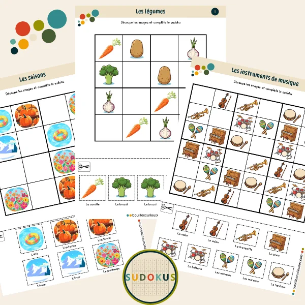 Sudokus pour enfants - Initiation - Images à découper thèmes légumes, saisons, instruments de musique