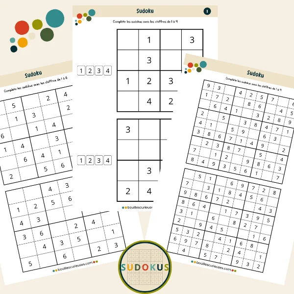 Grilles de sudokus avec chiffres 1 à 4, 1 à 6 et 1 à 9