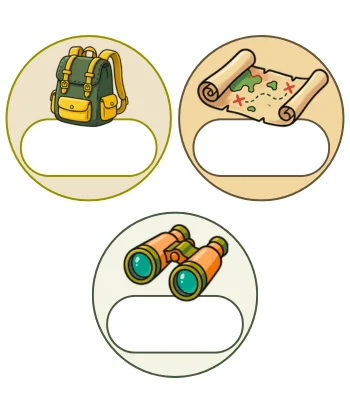 Identification des invités avec 3 variantes rondes pour anniversaire thème aventure
