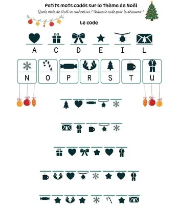 Jeu de mots codés - Thème Noël Jeu de mots codés - 5 mots à trouver sur le thème de Noël - Activité à imprimer