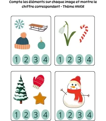Compter et montrer le bon chiffre - Thème hiver Compter de 1 à 4 - Thème Hiver