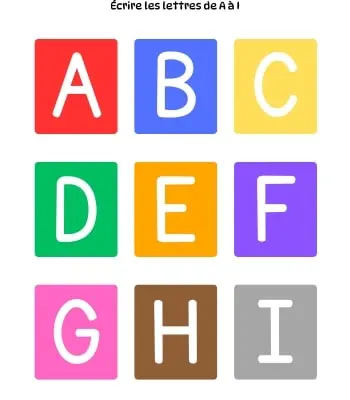 Écrire les lettres sur fond coloré - A à I Lettres à tracer à imprimer - Initiation à l'écriture - A à I - Fond couleurs