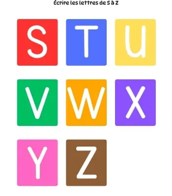 Écrire les lettres sur fond coloré - S à Z Lettres à tracer à imprimer - Initiation à l'écriture - S à Z - Fond couleurs