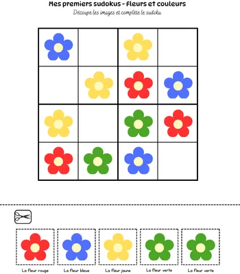 Mes premiers sudokus - Initiation au sudoku avec images à découper - Fleurs et couleurs