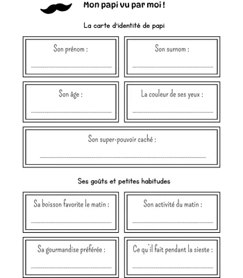 Mon papi vu par moi, fiche à remplir avec les enfants pour la fête des grands-pères, souvenirs papy