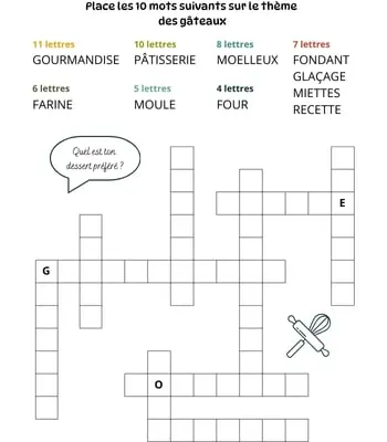 Mots à caser sur le thème des gâteaux Jeu de mots à caser - 10 mots - Thème des gâteaux
