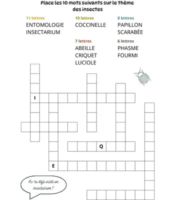 Mots à caser sur le thème des insectes Jeu de mots à caser - 10 mots - Thème des insectes