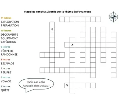 Mots à caser sur le thème de l'aventure Jeu de mots à caser - 11 mots - Thème de l'aventure