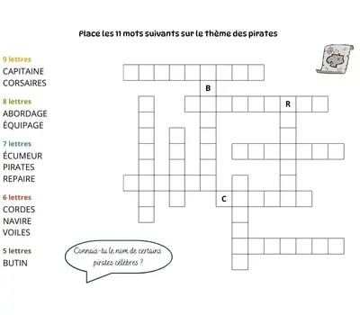 Mots à caser sur le thème des pirates Jeu de mots à caser - 11 mots - Thème des pirates