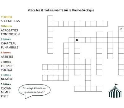 Mots à caser sur le thème du cirque Jeu de mots à caser - 12 mots - Thème du cirque