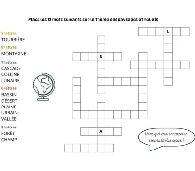 Mots à caser sur le thème des paysages et reliefs Jeu de mots à caser - 12 mots - Thème des paysages et reliefs