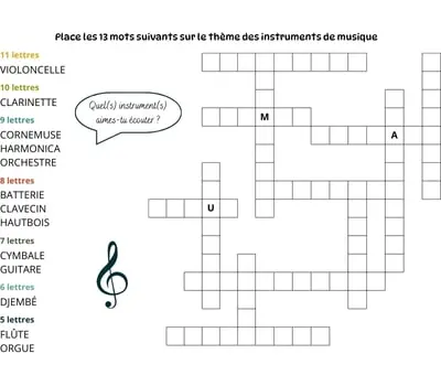Mots à caser sur le thème des instruments de musique Jeu de mots à caser - 13 mots - Thème des instruments de musique