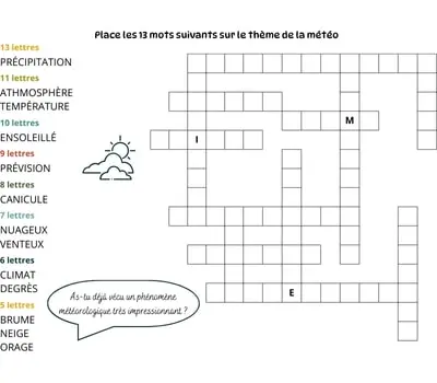 Mots à caser sur le thème de la météo Jeu de mots à caser - 13 mots - Thème de la météo