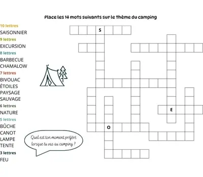 Mots à caser sur le thème du camping Jeu de mots à caser - 14 mots - Thème du camping