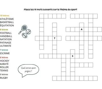 Mots à caser sur le thème du sport Jeu de mots à caser - 14 mots - Thème du sport