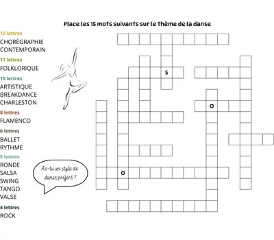 Mots à caser sur le thème de la danse Jeu de mots à caser - 15 mots - Thème de la danse