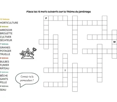 Mots à caser sur le thème du jardinage Jeu de mots à caser - 15 mots - Thème du jardinage
