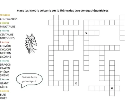 Mots à caser sur le thème des personnages légendaires Jeu de mots à caser - 16 mots - Thème des personnages légendaires