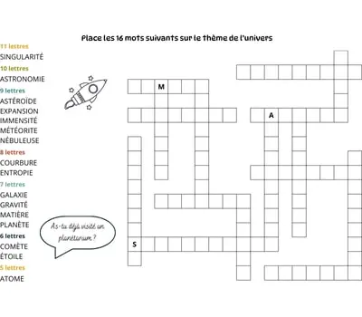 Mots à caser sur le thème de l'univers Jeu de mots à caser - 16 mots - Thème de l'univers