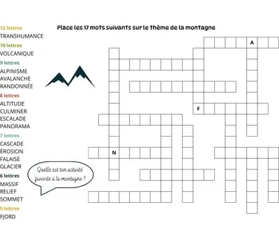 Mots à caser sur le thème de la montagne Jeu de mots à caser - 17 mots - Thème de la montagne