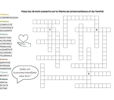 Mots à caser sur le thème de la bienveillance Jeu de mots à caser - 18 mots - Thème de la bienveillance et amitié